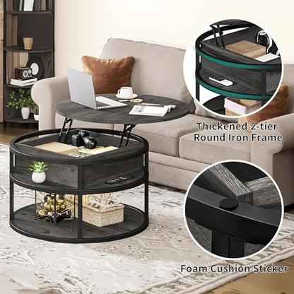 Round Lift Top Coffee Tables for Living Room | Lift Top Design, Dining Table with Hidden Compartment, 2-Tier Storage, Farmhouse Style, for Living Room, Easy Assembly