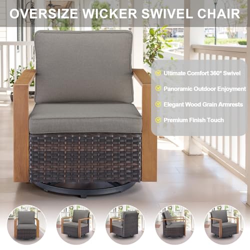 6 Piece Outdoor Patio Furniture Set with Propane Fire Pit Table, Wicker Patio Conversation Set with 2 Swivel Rocker Chairs Rattan Sofa and Removable 4" Thick Cushions for Deck Backyard