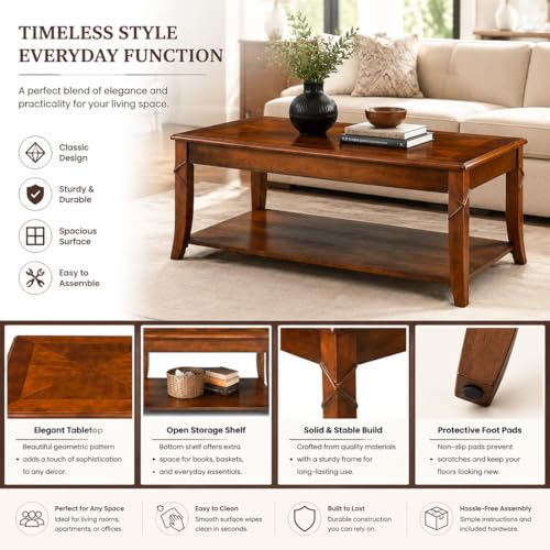 Solid Wood Coffee Table with Storage Shelf and Shimmering Tabletop, view 4
