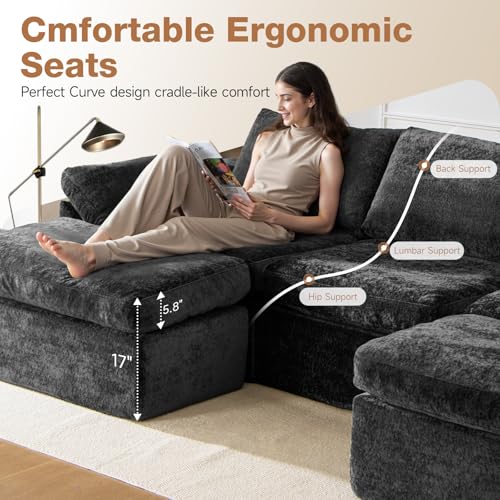 108" Cloud Couch Modular Sectional Sofa for Living Room, U-Shape Boneless Couch with Deep Seat, Modern 5-Seater with Ottoman, for Living Room, Bedroom, Office, No Assembly Required, Gray