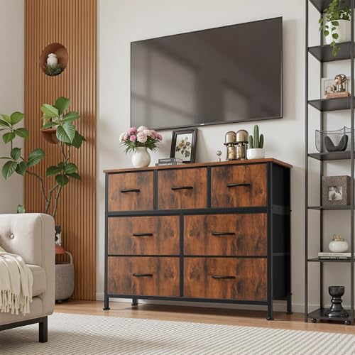 7 Drawer Dresser for Bedroom Storage with Fabric Bins, Brown, view 3