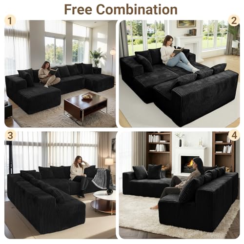 130" U Shaped Boneless Couch, Cloud Boneless Sectional Couches for Living Room, Modular Spineless Sofa Bed with Deep Seat, High Density Foam Floor Couch with 8 Pillows No Assembly, Black Corduroy
