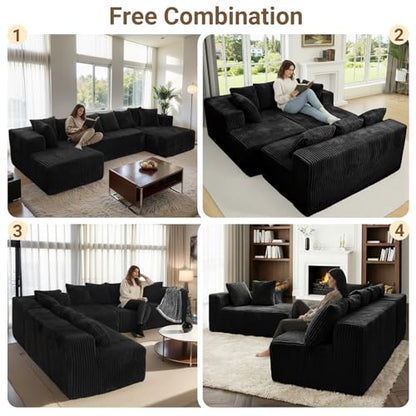 130" U Shaped Boneless Couch, Cloud Boneless Sectional Couches for Living Room, Modular Spineless Sofa Bed with Deep Seat, High Density Foam Floor Couch with 8 Pillows No Assembly, Black Corduroy