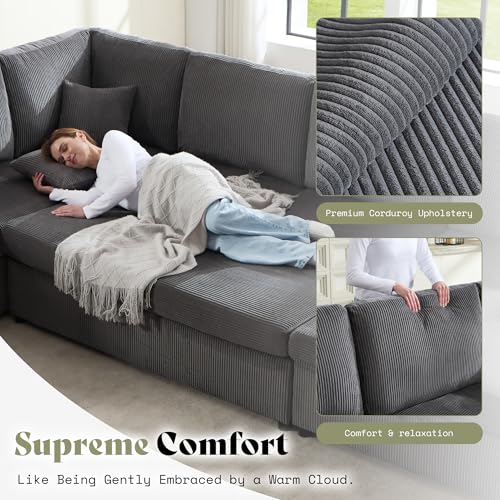 129 Inch Sectional Couches for Living Room,Sectional Sofa with Storage & Ottoman,Modular Sectional Couch Converts to Sleeper,Cloud Couch Sectional for Large Space with Corduroy,Grey