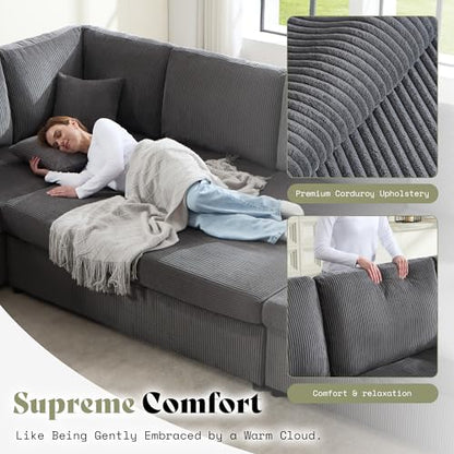 129 Inch Sectional Couches for Living Room,Sectional Sofa with Storage & Ottoman,Modular Sectional Couch Converts to Sleeper,Cloud Couch Sectional for Large Space with Corduroy,Grey