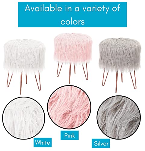 Pink Faux Fur Vanity Stool Chair - Soft Furry Compact Padded Seat - Vanity, Living Room, Bedroom and Kids Room Chairs - Hair Pin Metal Legs Upholstered Decorative Furniture Foot Rest