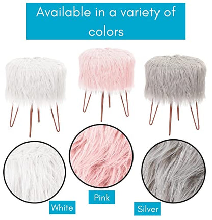 Pink Faux Fur Vanity Stool Chair - Soft Furry Compact Padded Seat - Vanity, Living Room, Bedroom and Kids Room Chairs - Hair Pin Metal Legs Upholstered Decorative Furniture Foot Rest