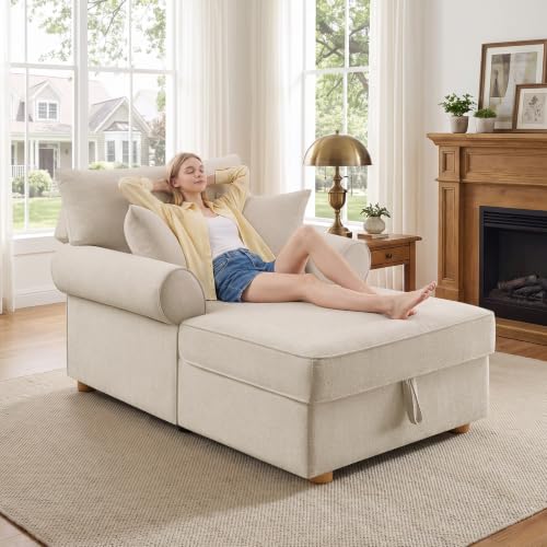 63.78" Oversized Chaise Lounge Chair with Storage, Chenille Beige, view 2