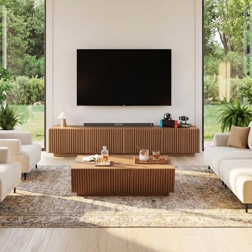 86.61" Mid-Century Modern TV Stand for TVs up to 85", Sturdy Living Room Furniture Media Console with Large Storage Space, Entertainment Center for Living Room and Bedroom, Walnut