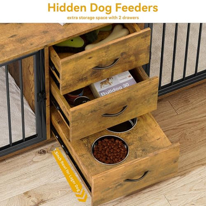 74 Inch Double Dog Crate Furniture for 2 Dogs & 2 Feeder Bowls, view 5