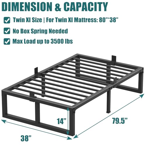 Twin XL Size Bed Frame, 14 Inch Heavy Duty Support 3500 lbs Metal Platform, view 4