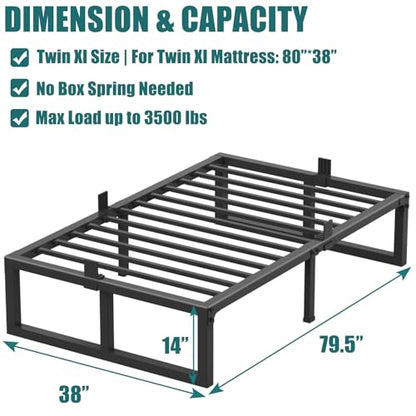 Twin XL Size Bed Frame, 14 Inch Heavy Duty Support 3500 lbs Metal Platform, view 4
