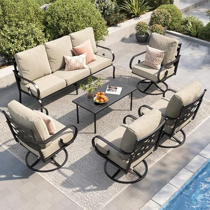 Patio Furniture Set, 3-Seater Sofa, 4 Swivel Chairs and a Coffee Table, Outdoor Metal Conversation Set with 5.75" Extra Thick Cushion for Garden Backyard Deck, Beige