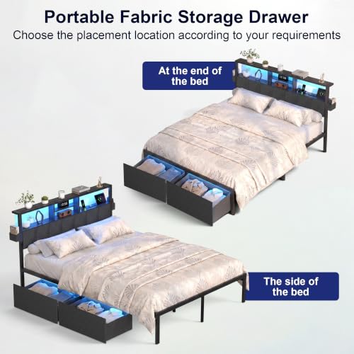 Queen Bed Frame with LED Lights, Storage Drawers and Charging Station, view 6