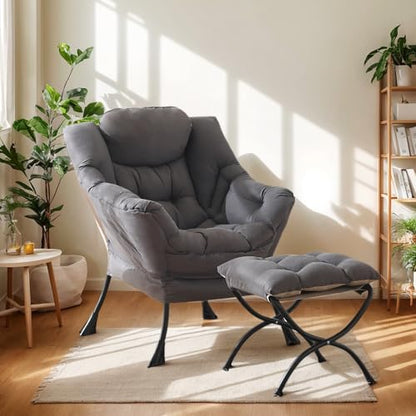 Lazy Chair with Ottoman, Large Dark Grey Accent Chair with Ottoman, Comfy Reading Armchair, Leisure Sofa Chair for Living Room, Bedroom, Dorm Room, Office
