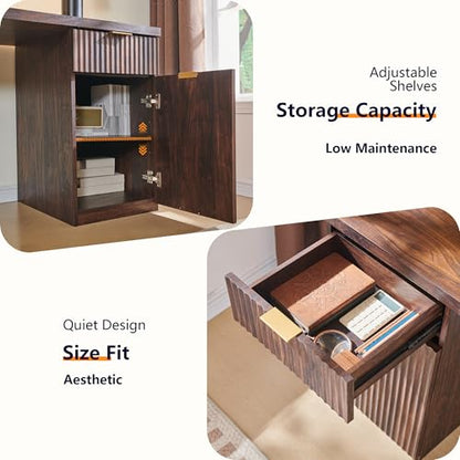 60" Modern Executive Desk with Storage, Wood Home Office Desk with Drawer & Cabinet, Fluted Computer Writing Desk for Study, Living Room, Bedroom, Dark Walnut
