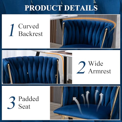Modern Velvet Dining Chairs Hand Weaving Accent Chairs Living Room Chairs Upholstered Side Chair with Golden Metal Legs for Dining Room Kitchen Vanity Living Room (Navy)