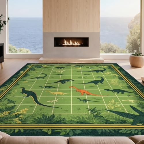 Design&I 8'x10' Green Forest Dinosaur World Grid Pattern Washable Area Rug | Bedroom Decor with Vibrant Dino Species in for King Size Bedroom, Under Bed, Sleek Flatweave Pet Friendly
