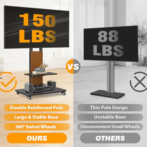 Heavy Duty Rolling TV Stand for 55-100 inch Large Screens | Supports up to 172 lbs (150 lbs TV + 22 lbs Shelf), Mobile TV Cart with Wooden Base and Lockable Wheels, Black and Walnut