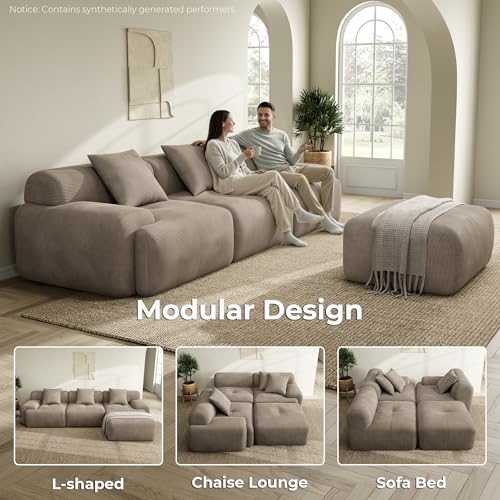 LumiCord Modular Sectional Sofa with Ottoman, 118" L-Shaped Boneless Couch for Living Room, Oversized Deep Seat with Corduroy Upholstery, No Assembly Required, Light Brown