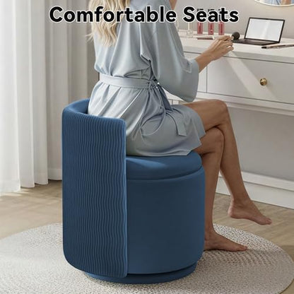 360° Swivel Velvet Vanity Chair with Storage, Barrel Makeup Chair with Wave Back, No Assembly Upholstered Vanity Small Accent Chairs for Living Room, Blue