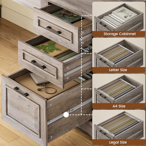 Farmhouse 55" Executive Desk, Computer Desk with Storage Drawers and Power Outlet, Home Office Desk, Workstation for Office Home, Grey