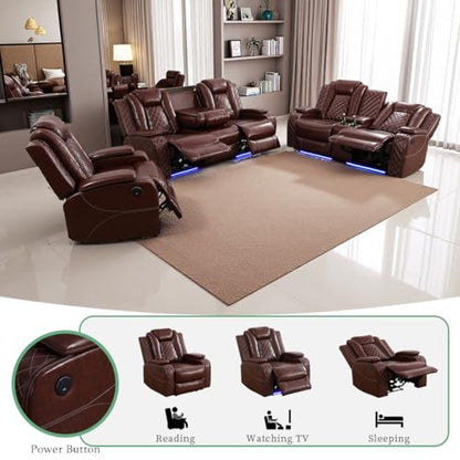 Living Room Set Brown Breathing Leather Sofa Living Room Furniture Set Power Recliner Manual Sofa,Loveseat and Chair with Cup Holders/Storage Console/LED Light for Living Room