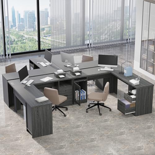 L Shaped Desk with File Cabinet, Corner Computer Desk with Storage Drawers, Large Home Office Table with Power Outlets, 60 Inch (Grey)