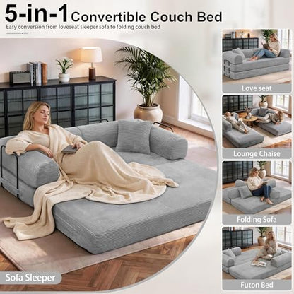78 inch Sofa Bed 4-in-1 Boneless Convertible Corduroy Sleeper Folding Couch with Fixed-Shape Frame and 2 Futons No Assemble Required 3 Seater Upholstered for Living Room (Light Grey, 78 inch)