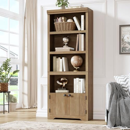 5 Tier Bookshelf, 69'' Tall Farmhouse Bookcase with 2 Doors & Adjustable Shelves, view 2