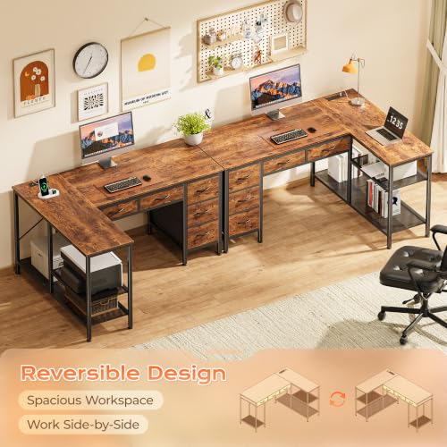 47 Inch L Shaped Desk with Power Outlets, 5 Fabric Drawers, view 7