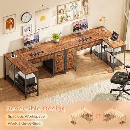 47 Inch L Shaped Desk with Power Outlets, 5 Fabric Drawers, view 7