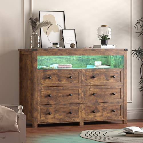 Dresser for Bedroom with 6 Drawers, LED Lights, Power Outlet, Brown, view 5