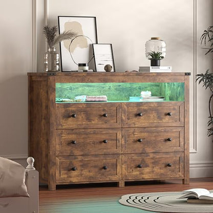 Dresser for Bedroom with 6 Drawers, LED Lights, Power Outlet, Brown, view 5