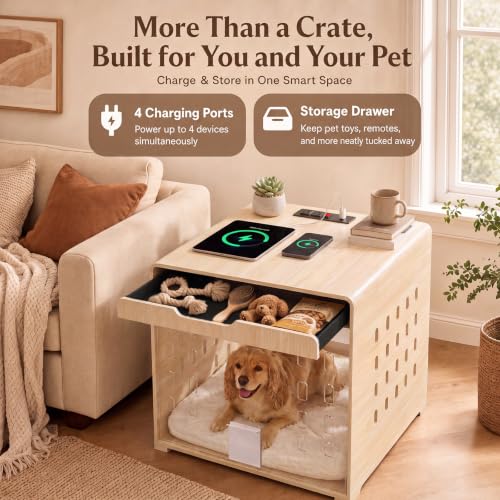 Modern Dog Crate Furniture Wooden Kennel with Charging Station End Table, view 6
