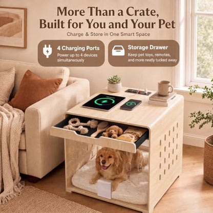 Modern Dog Crate Furniture Wooden Kennel with Charging Station End Table, view 6