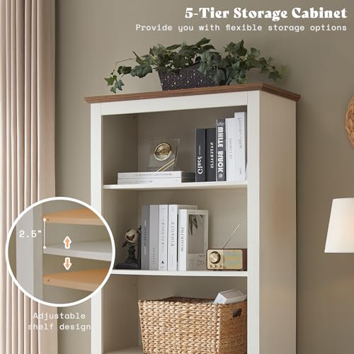2-Piece 5-Tier Farmhouse Bookcase with Barn Doors, Rustic White, view 5