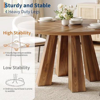 47" Round Dining Table for 4-6, Wood Kitchen Table with Sturdy Base, Farmhouse Circle Dinner Table for Dining Room, Living Room, 4 Strong Legs, Walnut