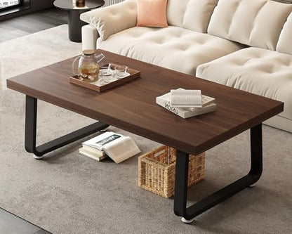 Rustic Walnut Coffee Table, Modern Center Table, Rectangle Industrial Living Room Coffee Table, Simple Farmhouse Wood and Metal Tea Table for Home Bedroom Office, Walnut, 47 in