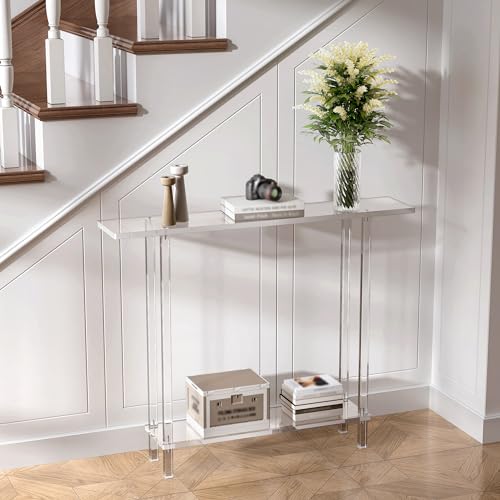 Acrylic Narrow Console Table for Entryway, 7.6" D x 39.4" W x 31.5" H, Square Legs, Skinny Entry Table for Sofa, Foyer, Hallway, Living Room, Modern, 2-Tier, Clear