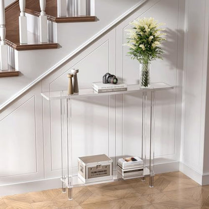 Acrylic Narrow Console Table for Entryway, 7.6" D x 39.4" W x 31.5" H, Square Legs, Skinny Entry Table for Sofa, Foyer, Hallway, Living Room, Modern, 2-Tier, Clear