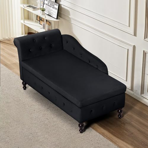 Velvet Chaise Lounge w/Left Armrest & Storage Space, Black, view 4
