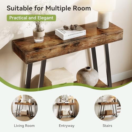 41-Inch Console Table with Geometric Metal Frame, Rustic Brown, Entryway Tables, Storage Shelves, 2-Tier, Industrial, Hallway Sofa Table, Accent Table, Living Room