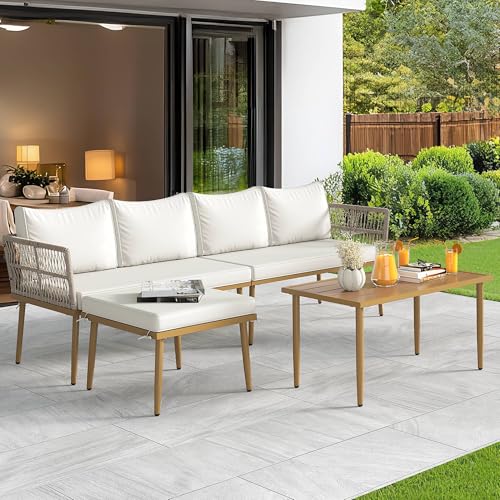 Patio Furniture Set, 6 Pieces Outdoor Rattan Woven Sectional Sofa Patio Loveseat with Ottoman and and Side Table, Conversation Set for Backyard, Porch, Boho - Beige