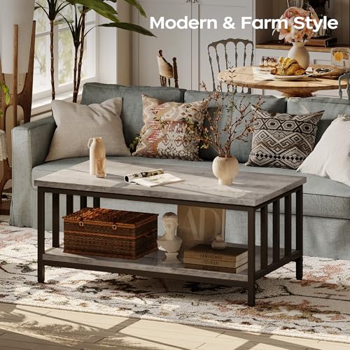 Coffee Table for Living Room with Slatted Sides Frame, Modern Farmhouse Living Room Table with 2-Tier Storage Shelf for Home Office, Apartment, Grey Wash, 39 inch