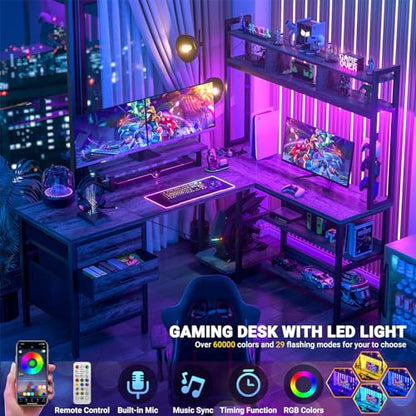 L Shaped Desk with Hutch, Gaming Desk with Led Lights, Reversible Computer Desk with Power Outlet, Corner Desk with File Drawer & Monitor Stand, Storage Shelves for Home Office, Black Oak