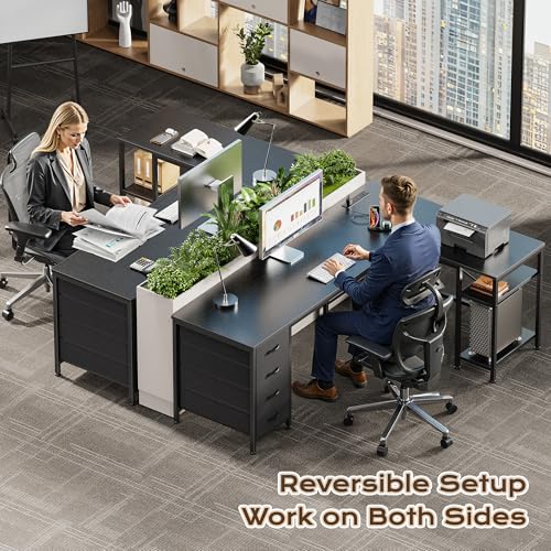 55 Inch L Shaped Desk with Fabric Drawers, Reversible Computer Gaming Desk with Power Outlets and USB-C Port, Adjustable Side Storage Shelves, for Work Study Corner Home Office, Black