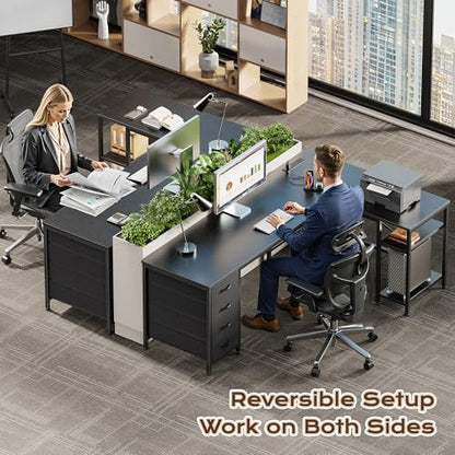 55 Inch L Shaped Desk with Fabric Drawers, Reversible Computer Gaming Desk with Power Outlets and USB-C Port, Adjustable Side Storage Shelves, for Work Study Corner Home Office, Black