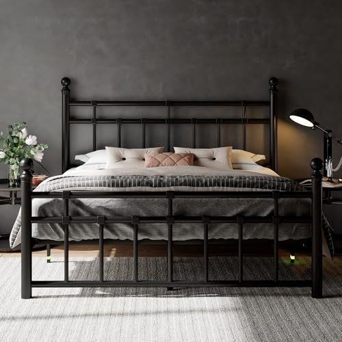 Full Size Metal Platform Bed Frame with Victorian Classic Iron-Art Headboard, view 2