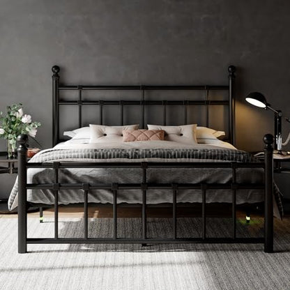 Full Size Metal Platform Bed Frame with Victorian Classic Iron-Art Headboard, view 2